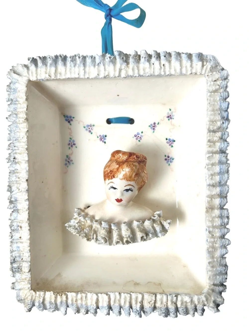 Vintage Ceramic Man and Woman Wall Hanging Plaques with Blue Ribbon